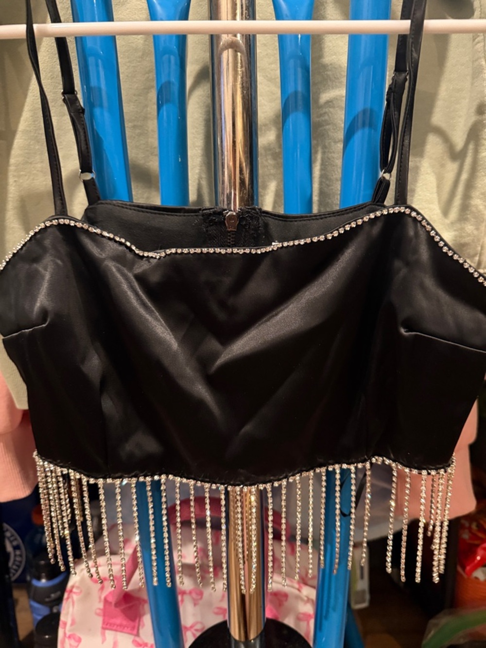 Altar'd State Black Satin Crop Top with Rhinestone Fringe